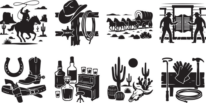 Set of eight black and white western featuring a cowboy on horseback, sheriff badge, covered wagon, saloon doors, boots, whiskey bottles, desert landscape with cactus, and ranch tools