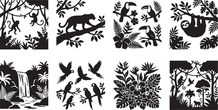 Set of eight tropical jungle silhouettes featuring monkeys, a panther, toucans, a sloth, parrots, a waterfall, and exotic flowers in a flat black and white style