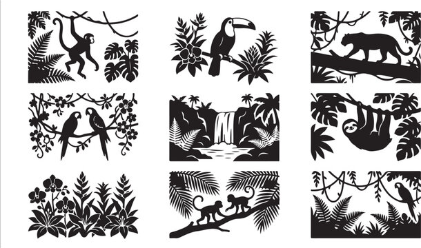 Set of nine black and white tropical jungle silhouette featuring monkeys, a toucan, a panther, parrots, a sloth, a waterfall, and exotic rainforest flora including ferns and palm leaves