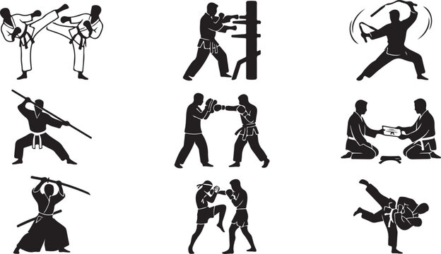 Set of nine black silhouette depicting various martial arts disciplines, including karate kicks, nunchaku training, wooden dummy practice, sword fighting, sparring, and belt certification
