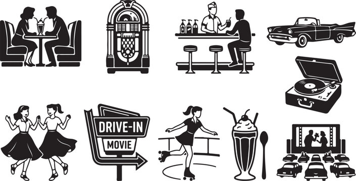Set of 1950s retro diner and drive-in culture featuring a jukebox, classic convertible car, milkshake, roller skater, vinyl record player, and people dancing in vintage clothing styles