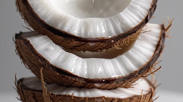 Close-up shot of stacked coconut halves, showcasing the white flesh and brown shell, with a focus on the natural texture and detail