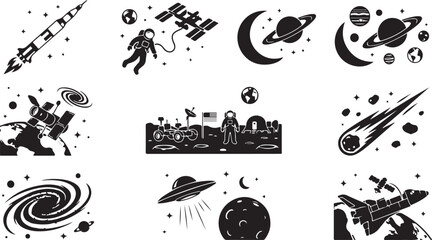 Set of black and white space featuring a rocket, astronaut, space station, planets, moon landing, lunar rover, comet, galaxy, ufo, and space shuttle against a starry background © MdAbu