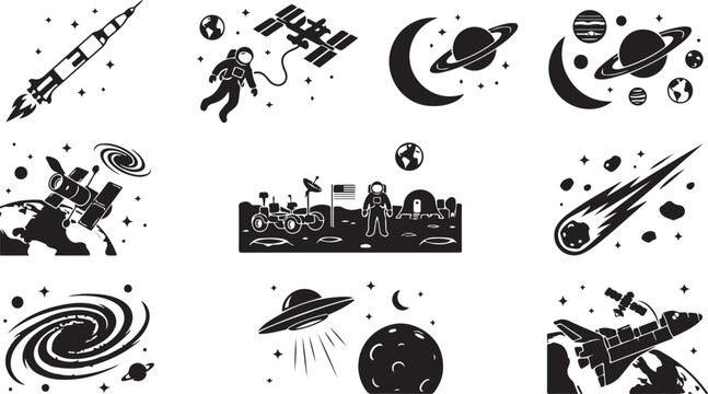 Set of black and white space featuring a rocket, astronaut, space station, planets, moon landing, lunar rover, comet, galaxy, ufo, and space shuttle against a starry background