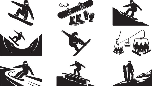 Set of black and white snowboarding featuring silhouettes of snowboarders performing tricks, jumping, riding a halfpipe, using a rail, and sitting on a ski lift chair with winter gear