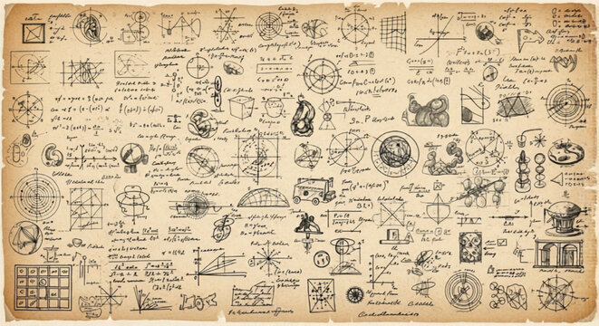 Vintage da Vinci style sketches on aged parchment, antique scientific diagrams and mathematical formulas, renaissance engineering inventions vector