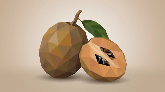 Polygonal art of two longan fruits with one cut open showing seeds and leaf healthy tropical sweet dessert