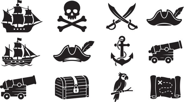 Set of black pirate featuring a sailing ship, skull and crossbones, crossed swords, tricorne hat, anchor, cannon, treasure chest, parrot on a branch, and a rolled treasure map with an x