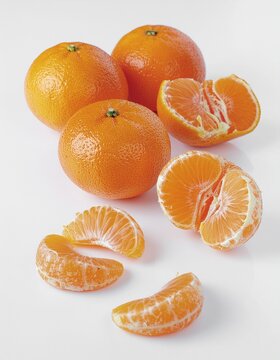 Tangerine Delight: A vibrant display of ripe tangerines, both whole and segmented, presents a refreshing and zesty image, perfect for evoking a sense of natural sweetness and healthful living.