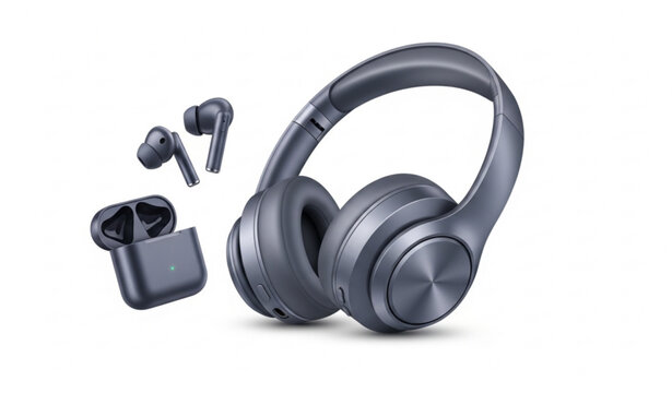 Wireless headphones 3d mockup angled view vector illustration over ear headset and earbuds premium audio devices isolated on white
