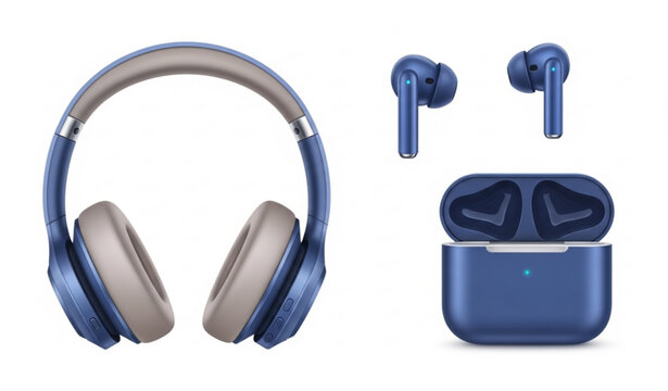 Wireless headphones and earbuds 3d mockup vector set isolated elements audio devices over ear and in ear on white background