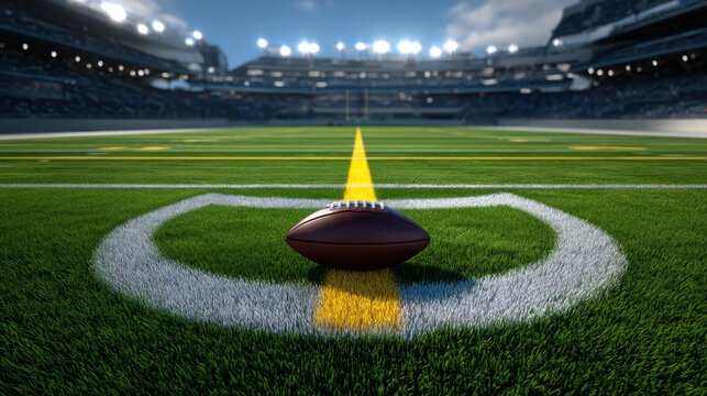 An American football rests on the 50-yard line of a stadium field under bright lights during a game.