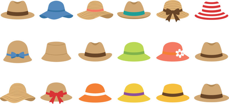 Summer Beach Sun Hats Collection Set Featuring Various Straw Styles With Ribbons Bows And Colorful Decorative Details Vector Illustration