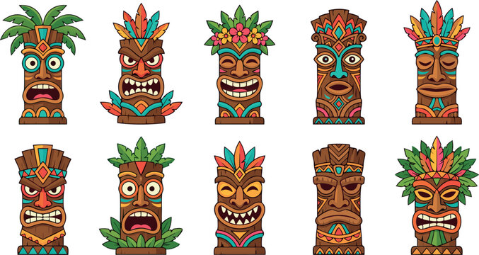 Traditional Hawaiian Tiki Totem Pole Vector Illustration Collection Set Featuring Various Ornate Tribal Expressions With Tropical Feathers And Palm Leaves