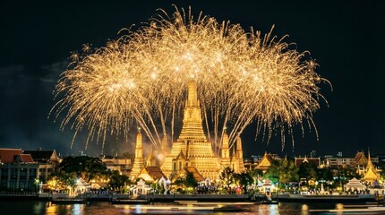 Naklejka premium Stunning Fireworks Over Historic Temple at Night in Bangkok, Thailand
