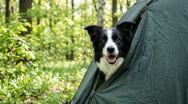 Happy Border Collie dog peeking out of a green camping tent in a lush forest with bright daylight for an outdoor adventure and pet companionship concept