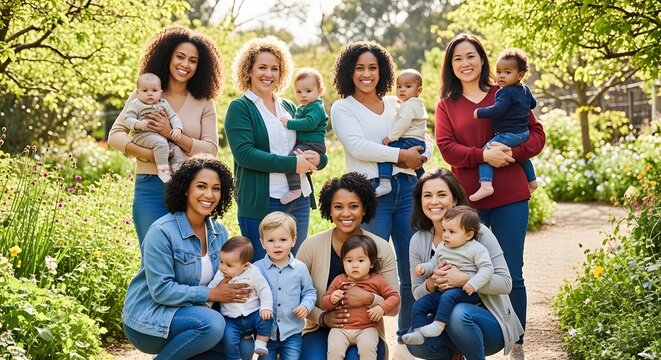 Diverse Group Of Mothers Holding Babies Outdoors