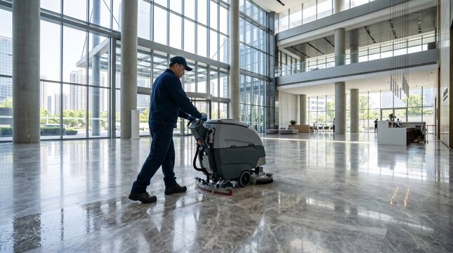Professional male cleaner operating an industrial floor scrubbing machine in a bright modern office lobby with natural light for facility maintenance services concept