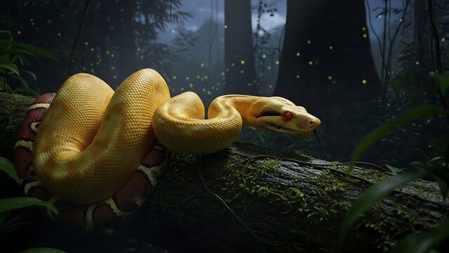 Yellow snake on tree branch forest.