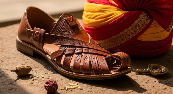 Traditional Leather Peshawari Chappal With Colorful Turban
