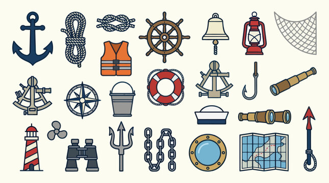 Nautical Sea Vector Icons: Anchor, Ship Wheel, Compass, Lighthouse, Map