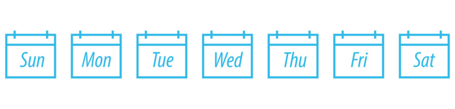 A set of seven calendar icons representing the days of the week from sunday to saturday