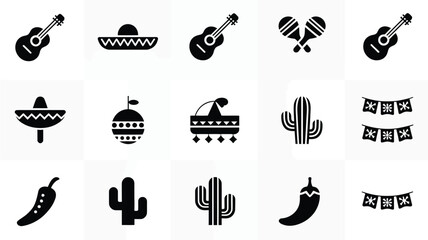 Collection of modern flat black icons representing mexican culture and music including guitars sombreros cacti chili peppers maracas and festive banners against a clean white © Mrittunjoy