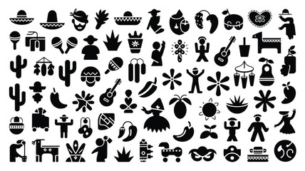 Vibrant collection of mexican culture and celebration icons sombreros maracas cacti guitars and festive elements for diverse design projects cinco de mayo and fiesta themes © Mrittunjoy