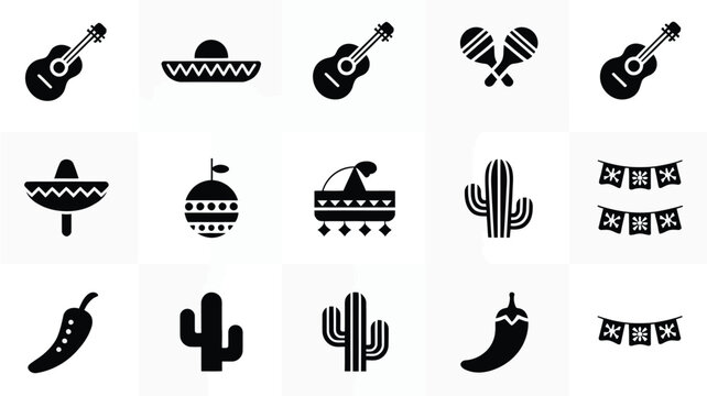Collection of modern flat black icons representing mexican culture and music including guitars sombreros cacti chili peppers maracas and festive banners against a clean white