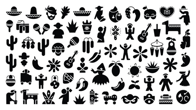 Vibrant collection of mexican culture and celebration icons sombreros maracas cacti guitars and festive elements for diverse design projects cinco de mayo and fiesta themes