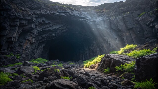Mysterious dark cave entrance with lush greenery and sunlight