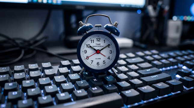 blue alarm clock on a backlit mechanical keyboard in a dark office setting representing time management and productivity