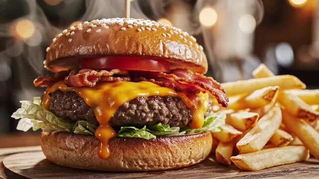 Delicious burger and fries served at a busy restaurant during lunchtime with friends enjoying their meals together
