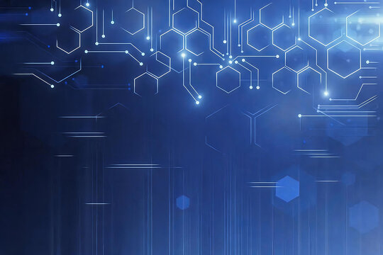 This is a dark blue tech background featuring glowing hexagonal circuit patterns, glowing connection points and dynamic light effects, representing digital network and electronic technology.