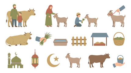 Fototapeta premium Islamic Eid al-Adha farm animals, mosque, and holiday symbols flat vector icons