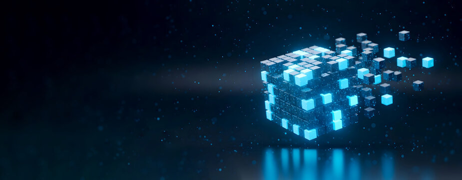 Glowing blue digital cube disintegrating into smaller blocks representing blockchain technology and data fragmentation
