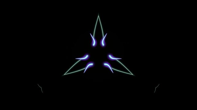 Glowing blue and green triangular shape shines brightly in dark space.