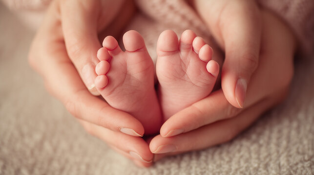 Newborn baby feet cradled in parent hands on soft blanket with tender family care