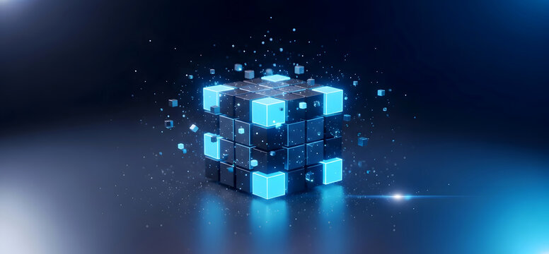 Floating 3D blue cube composed of smaller glowing blocks in dark cyberspace illustrating digital transformation
