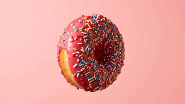 A delicious, colorful donut with sprinkles is isolated on a soft, pastel-colored background, perfect for dessert or snack concepts