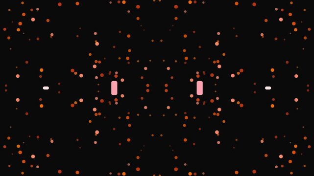 Glowing pink rectangles shine brightly in a starry night sky with orange lights.