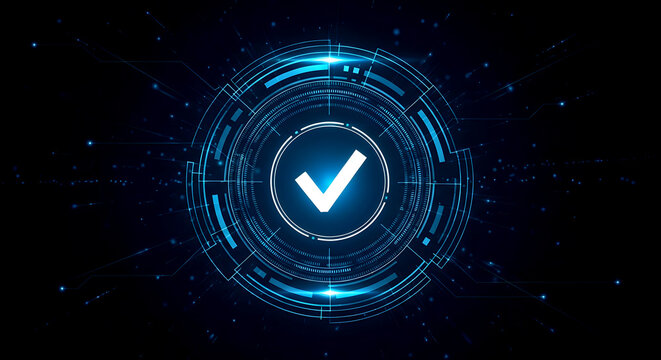 Glowing digital checkmark icon in futuristic HUD interface representing successful cyber security verification and network approval