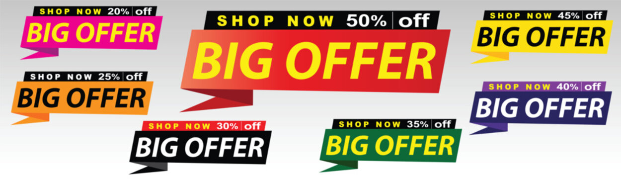 Shop now big offer labels set, 20, 25, 30, 35, 40, 45, 50, percent off price tags, colorful sale banners, promotion element, speech bubble style stickers, vector badges