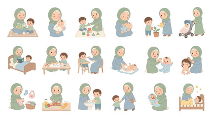 Fototapeta premium Flat Cartoon Muslim Mother and Child Daily Care Activities Vector Illustration Set