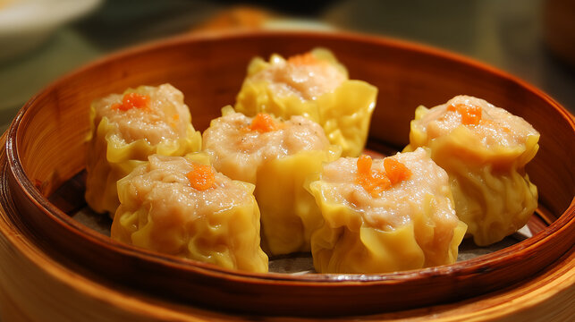 Steamed dumplings with shrimp filling served on brown plate in warm restaurant lighting