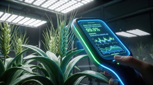 Close-up of a glowing digital scanner analyzing a drought-resistant, bio-engineered wheat plant in a high-tech greenhouse, data overlay on screen.Copy space