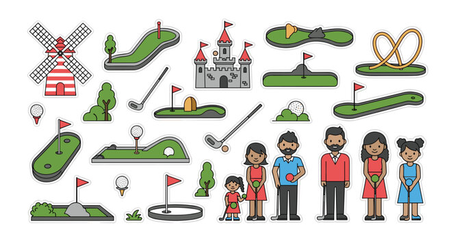 A compilation of various mini golf course obstacles and a diverse group of family members waiting to play arranged as stickers on a clean white background.