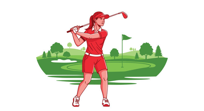 A female golfer wearing a red visor and red athletic clothing holds a golf club while standing on a grassy course with a flagstick in the distant green area.