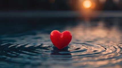 Fototapeta premium Heartbreak and emotional turmoil red heart sinking in water with ripples at sunset symbolizing loss grief. High quality photo
