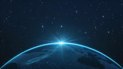 Fototapeta premium A futuristic digital earth with glowing particle grid rises against a starry deep space backdrop, with a bright lens flare at the horizon line.